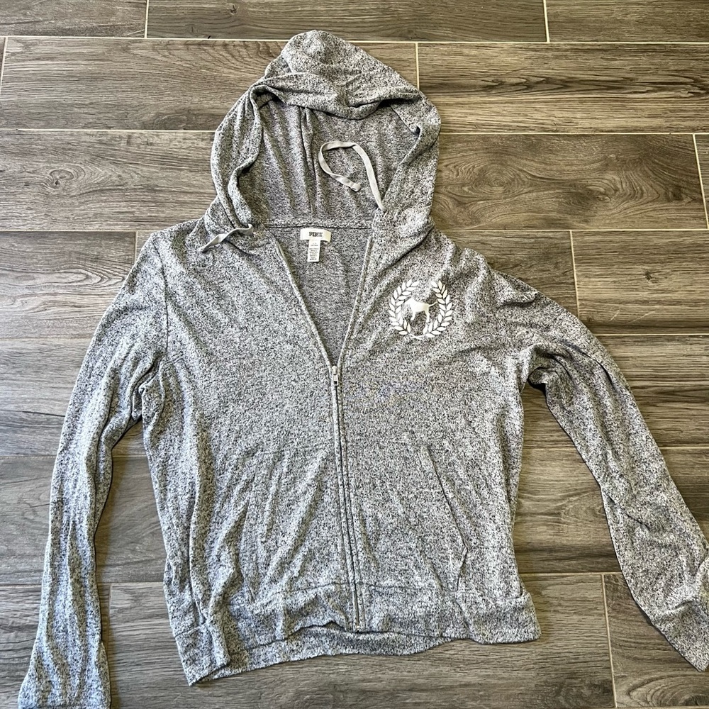 Victoria’s Secret PINK Full Zip Hoodie Thin Marle Gray Large L Dog Logo